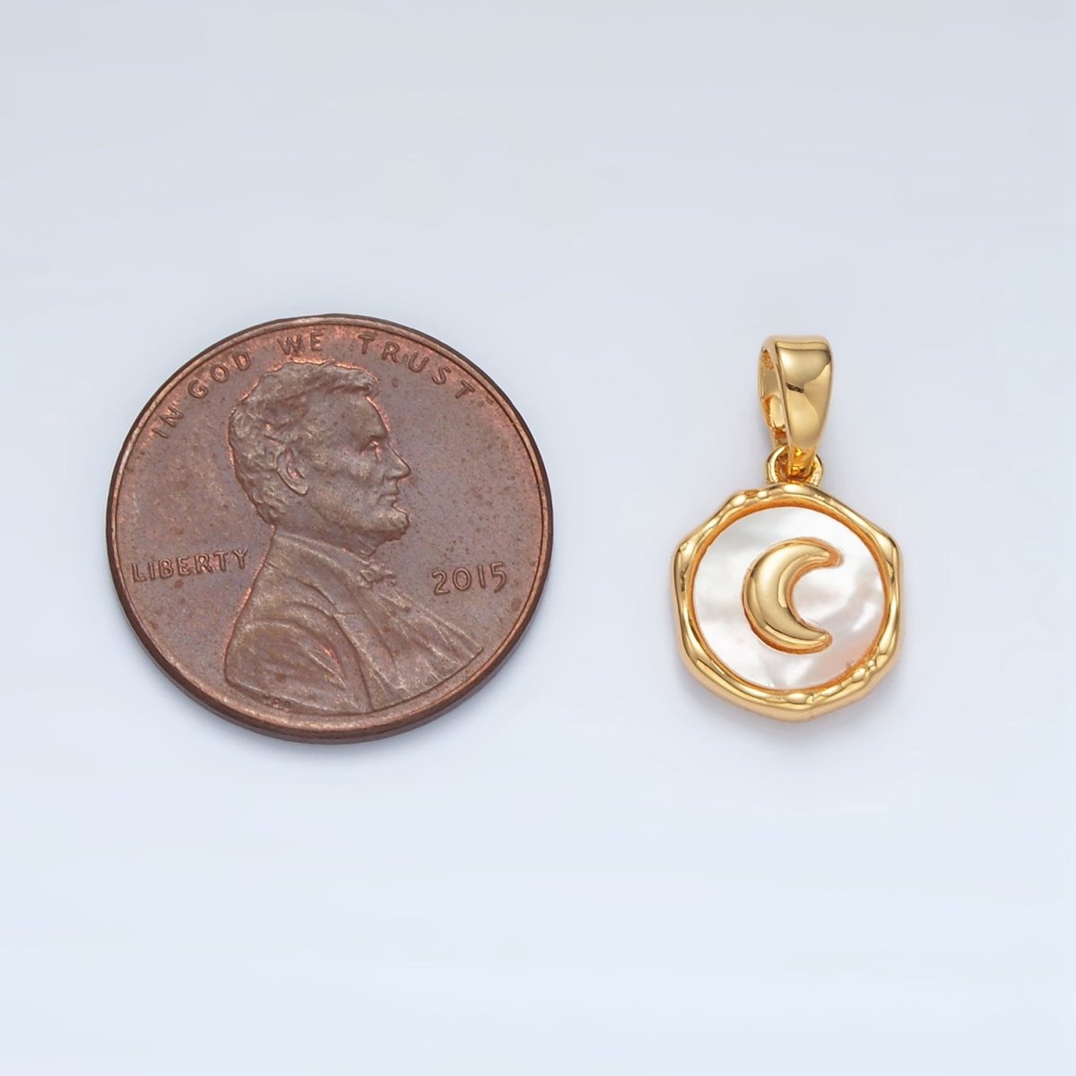 24K Gold Filled Celestial Crescent Moon Shell Pearl Stamped Bezel Pendant | AA1523 - DLUXCA