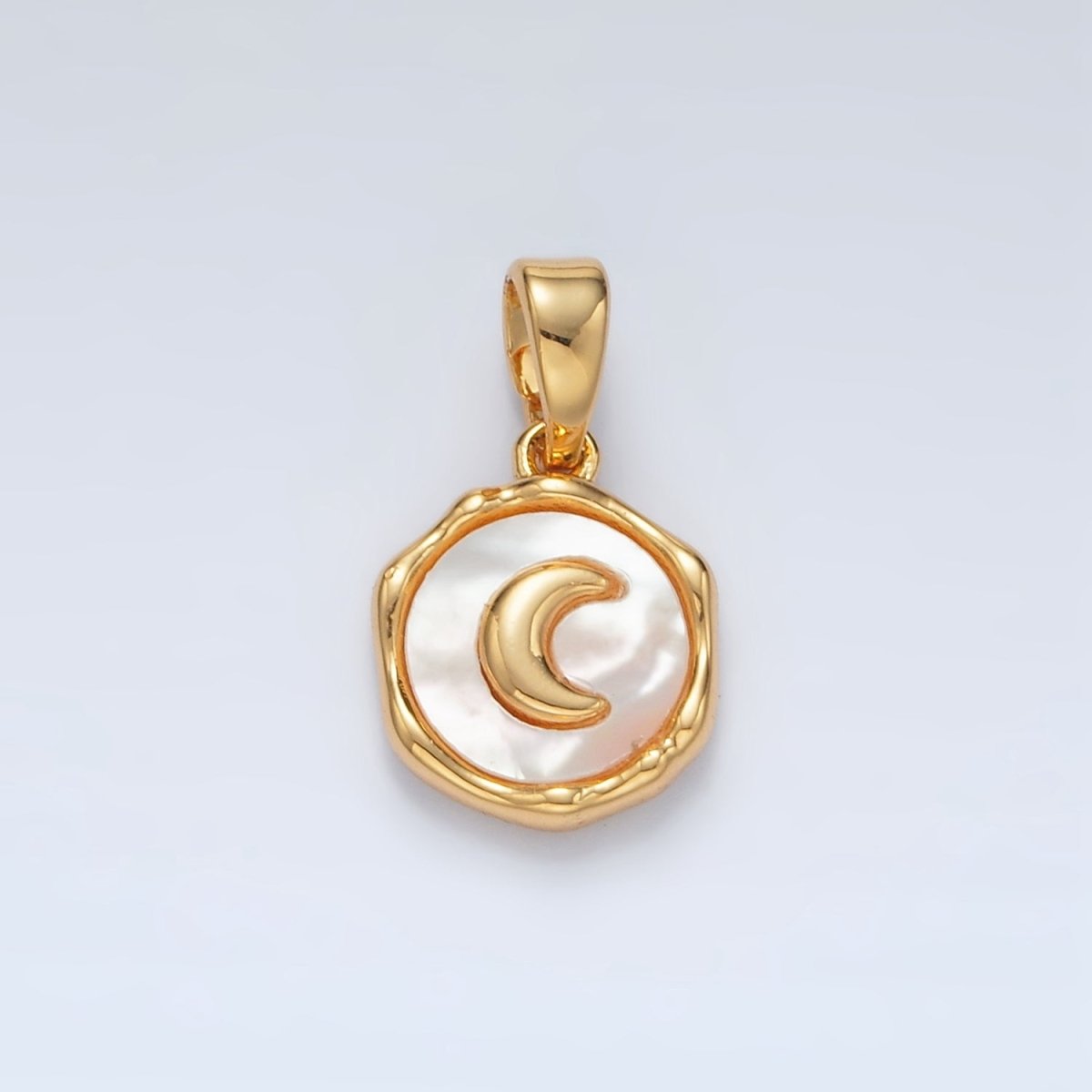 24K Gold Filled Celestial Crescent Moon Shell Pearl Stamped Bezel Pendant | AA1523 - DLUXCA