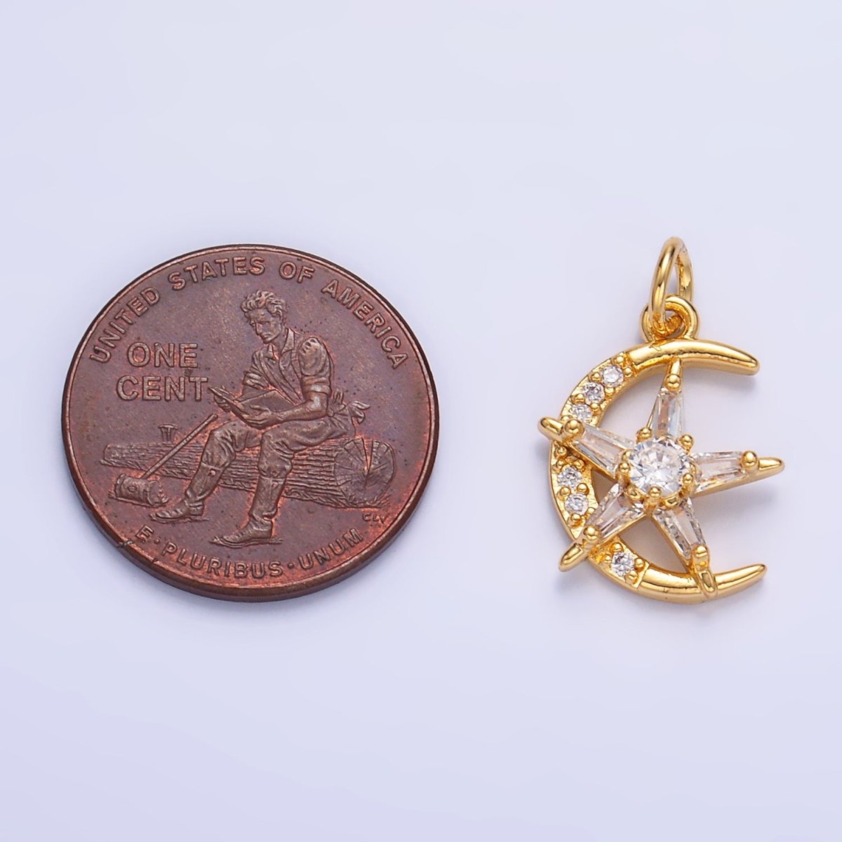 24K Gold Filled Celestial Crescent Moon Star Micro Paved CZ Mini Charm in Gold & Silver | W811 - DLUXCA