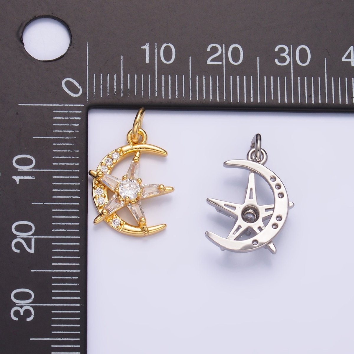 24K Gold Filled Celestial Crescent Moon Star Micro Paved CZ Mini Charm in Gold & Silver | W811 - DLUXCA