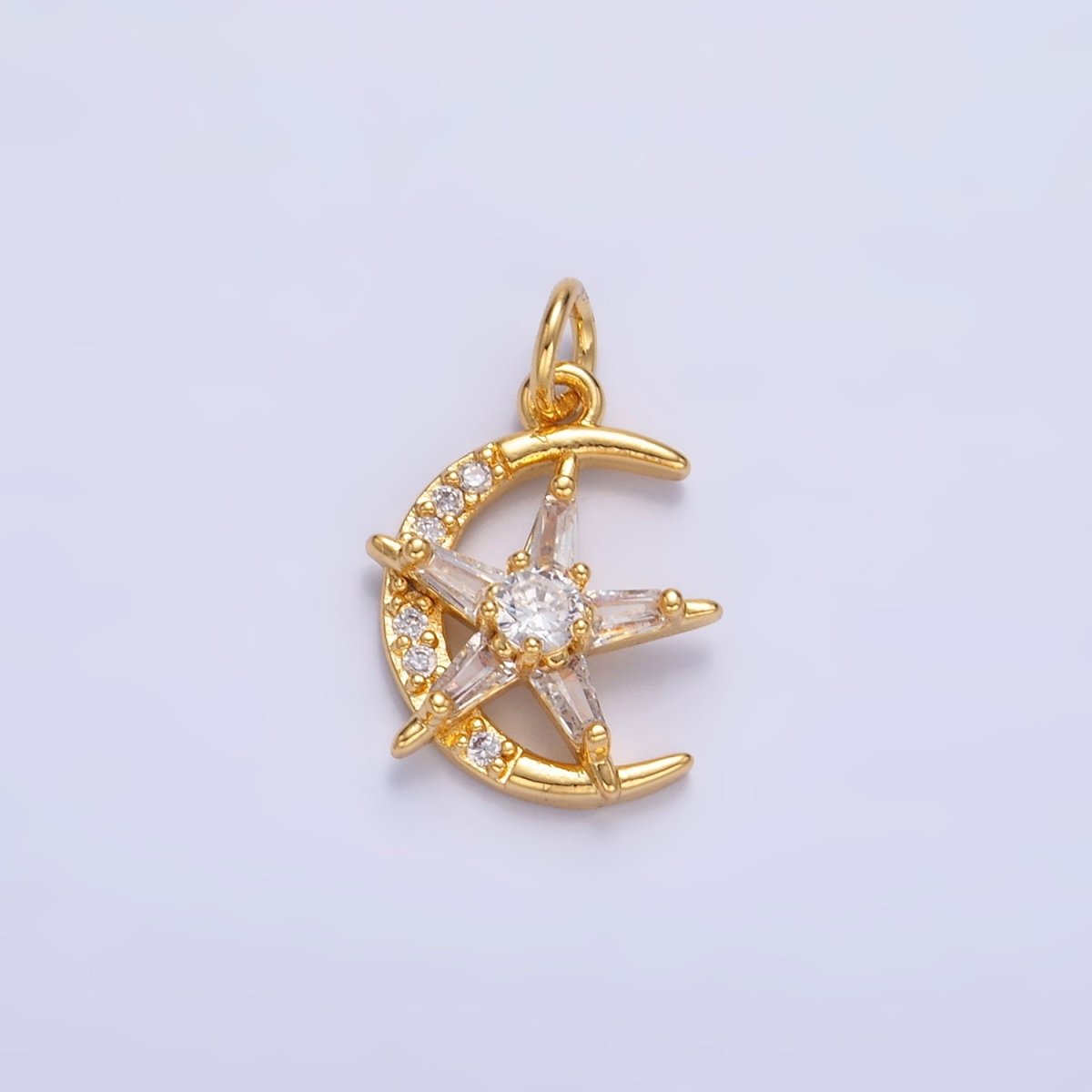 24K Gold Filled Celestial Crescent Moon Star Micro Paved CZ Mini Charm in Gold & Silver | W811 - DLUXCA