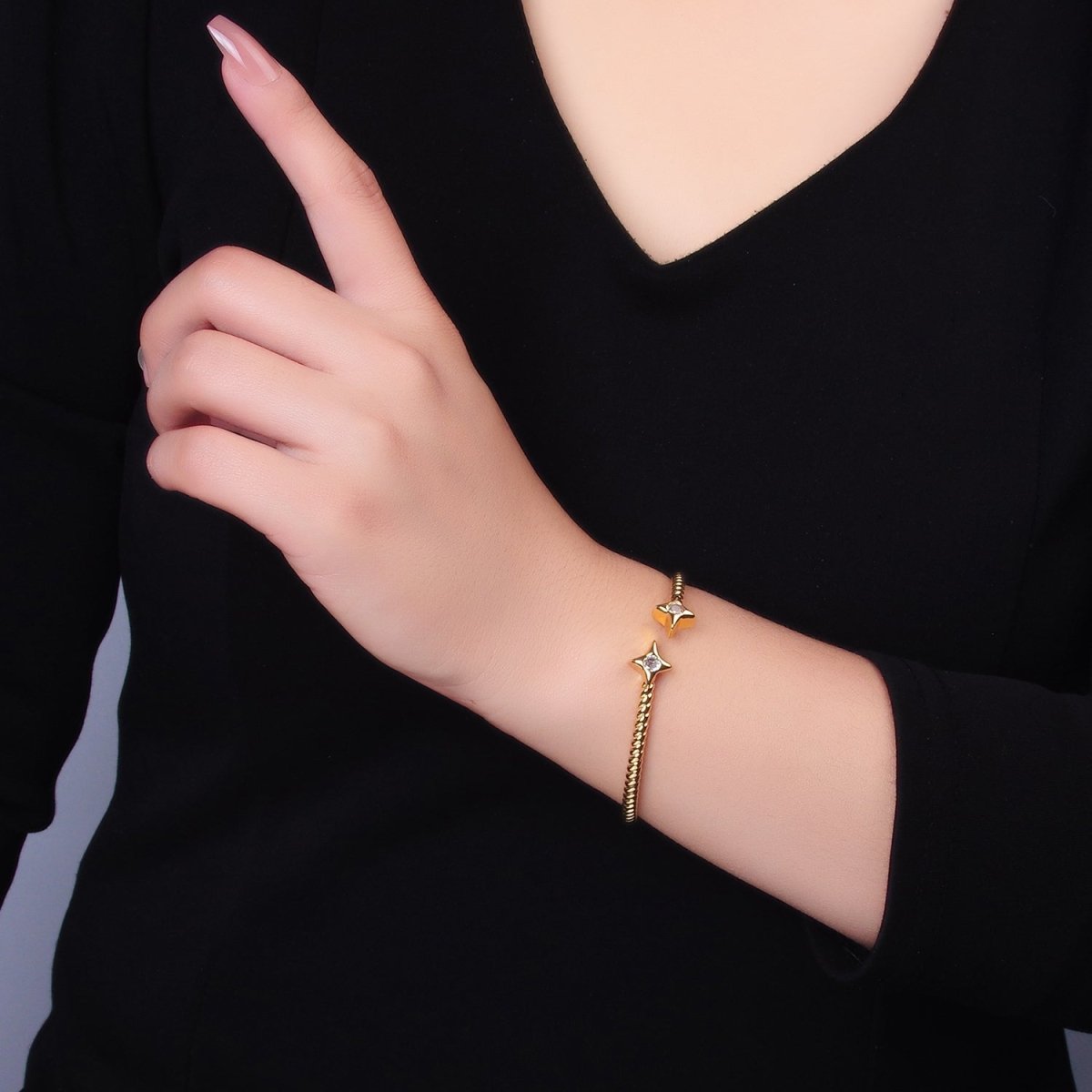 24K Gold Filled Celestial Star CZ Croissant Cuff Bracelet in Gold & Silver | WA - 2734 WA - 2735 - DLUXCA