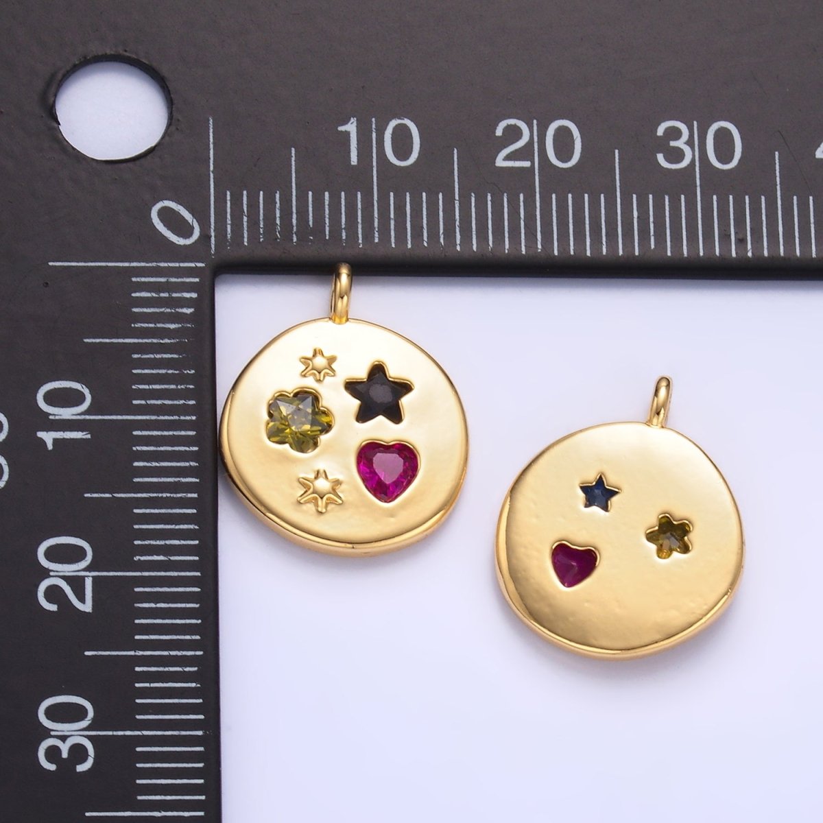 24K Gold Filled Celestial Star Flower Heart CZ Dotted Round Charm | W411 - DLUXCA