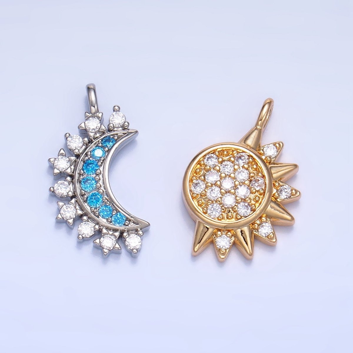 24K Gold Filled Celestial Sun Crescent Moon Micro Paved CZ Pendant Set | AG829 - DLUXCA