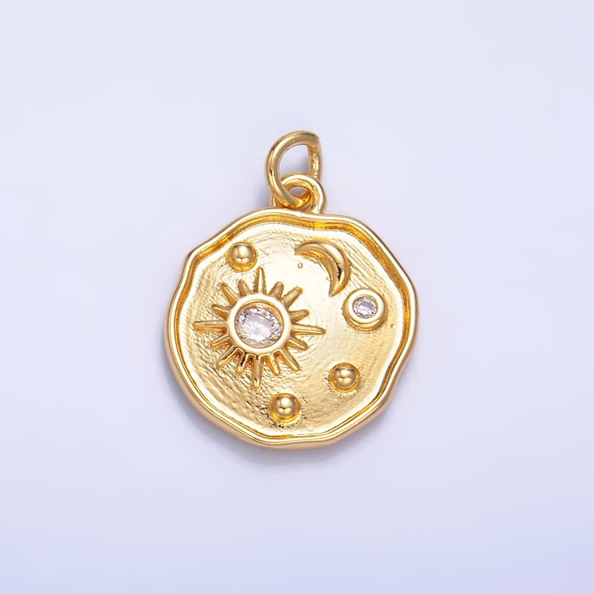 24K Gold Filled Celestial Sun Moon CZ Stamped Round Charm in Gold & Silver | W379 - DLUXCA