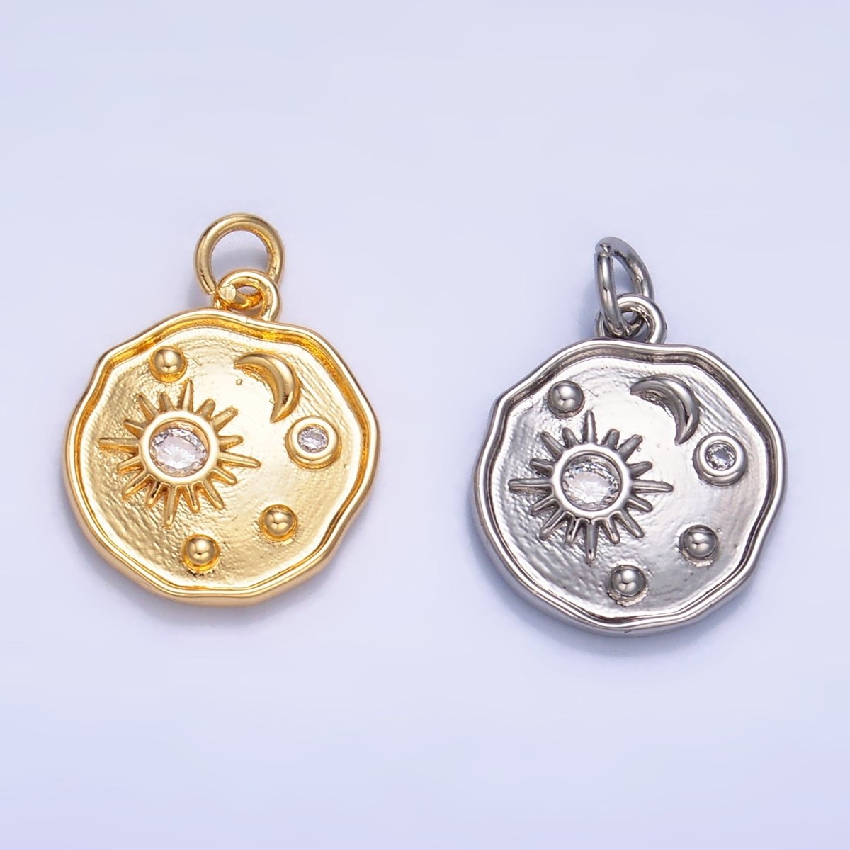 24K Gold Filled Celestial Sun Moon CZ Stamped Round Charm in Gold & Silver | W379 - DLUXCA