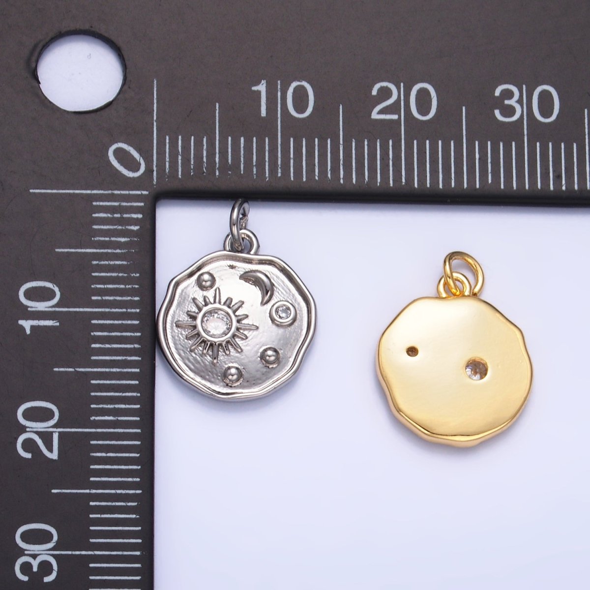 24K Gold Filled Celestial Sun Moon CZ Stamped Round Charm in Gold & Silver | W379 - DLUXCA