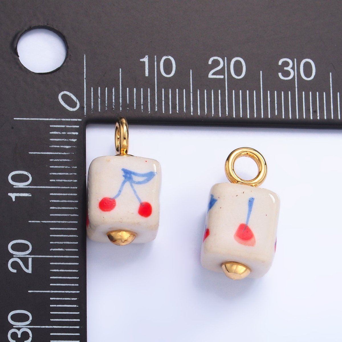 24K Gold Filled Cherry Fruit Square Ceramic Drop Charm | W437 - DLUXCA