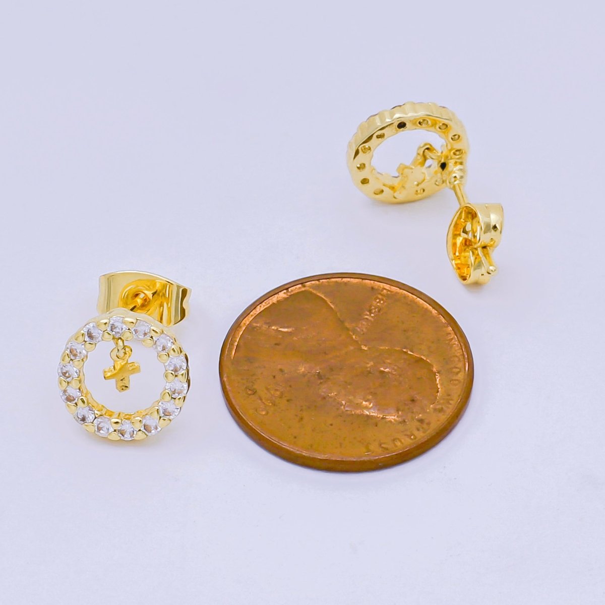 24K Gold Filled Christian Cross Micro Paved CZ Open Round Stud Earrings in Gold & Silver | AJ132 AJ133 - DLUXCA