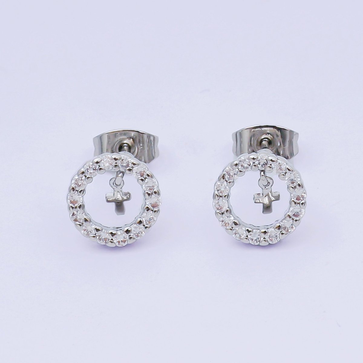 24K Gold Filled Christian Cross Micro Paved CZ Open Round Stud Earrings in Gold & Silver | AJ132 AJ133 - DLUXCA