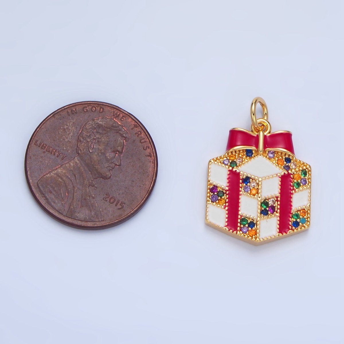 24K Gold Filled Christmas Present Multicolor Micro Paved CZ White Enamel Charm | X842 - DLUXCA