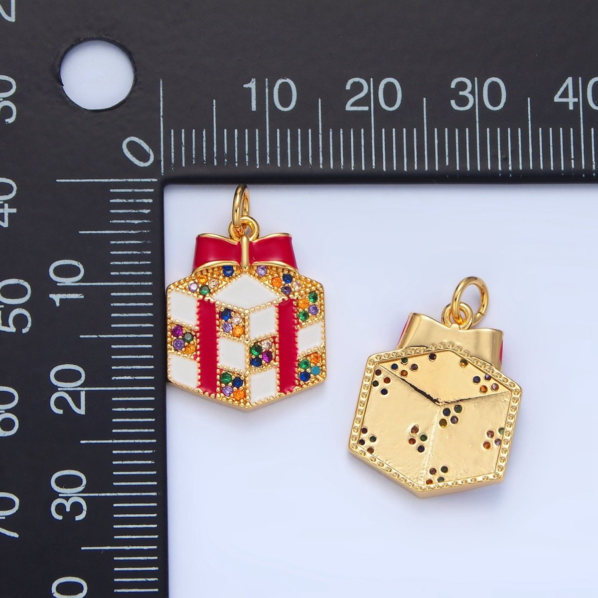 24K Gold Filled Christmas Present Multicolor Micro Paved CZ White Enamel Charm | X842 - DLUXCA