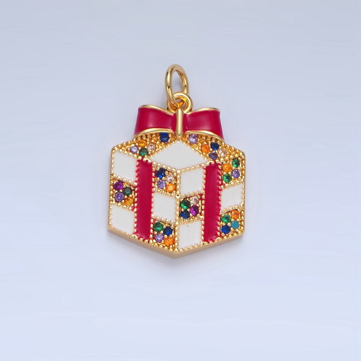 24K Gold Filled Christmas Present Multicolor Micro Paved CZ White Enamel Charm | X842 - DLUXCA