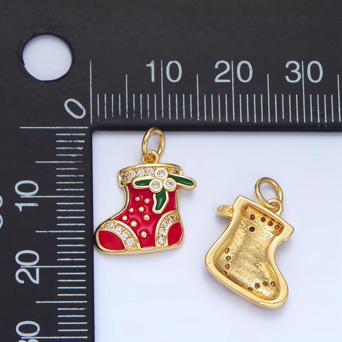 24K Gold Filled Christmas Sock Mistletoe Micro Paved CZ Enamel Charm | X843 - DLUXCA