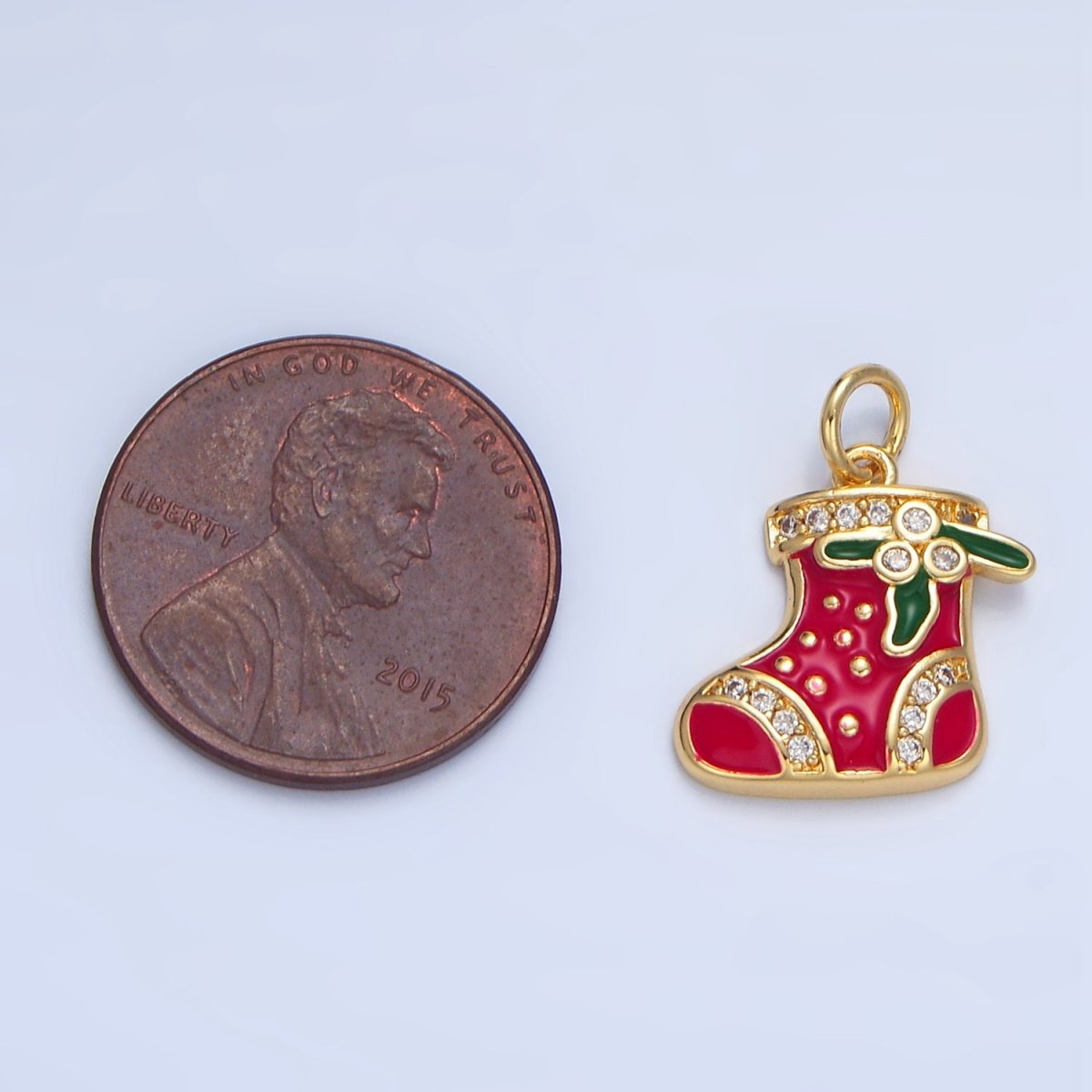 24K Gold Filled Christmas Sock Mistletoe Micro Paved CZ Enamel Charm | X843 - DLUXCA