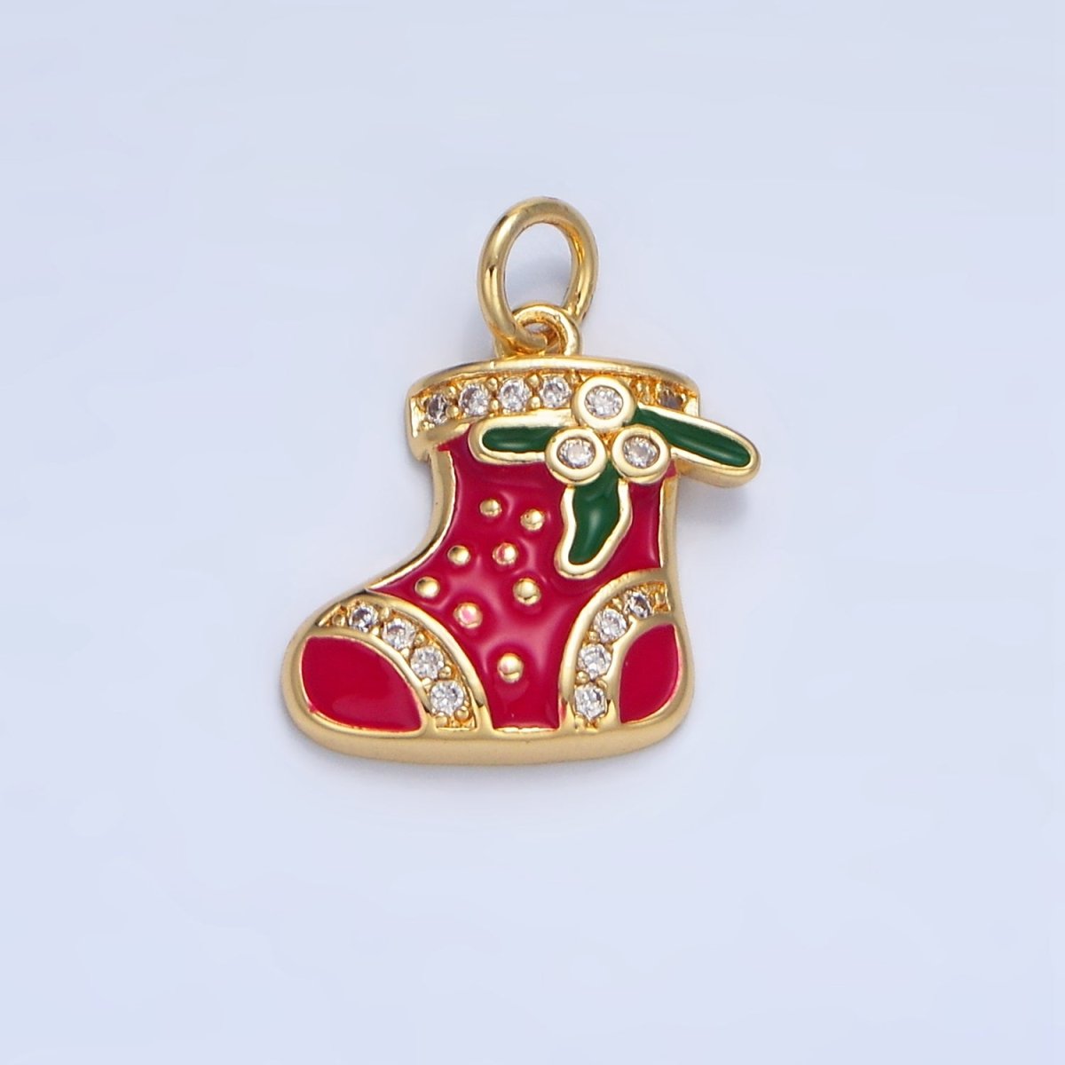 24K Gold Filled Christmas Sock Mistletoe Micro Paved CZ Enamel Charm | X843 - DLUXCA