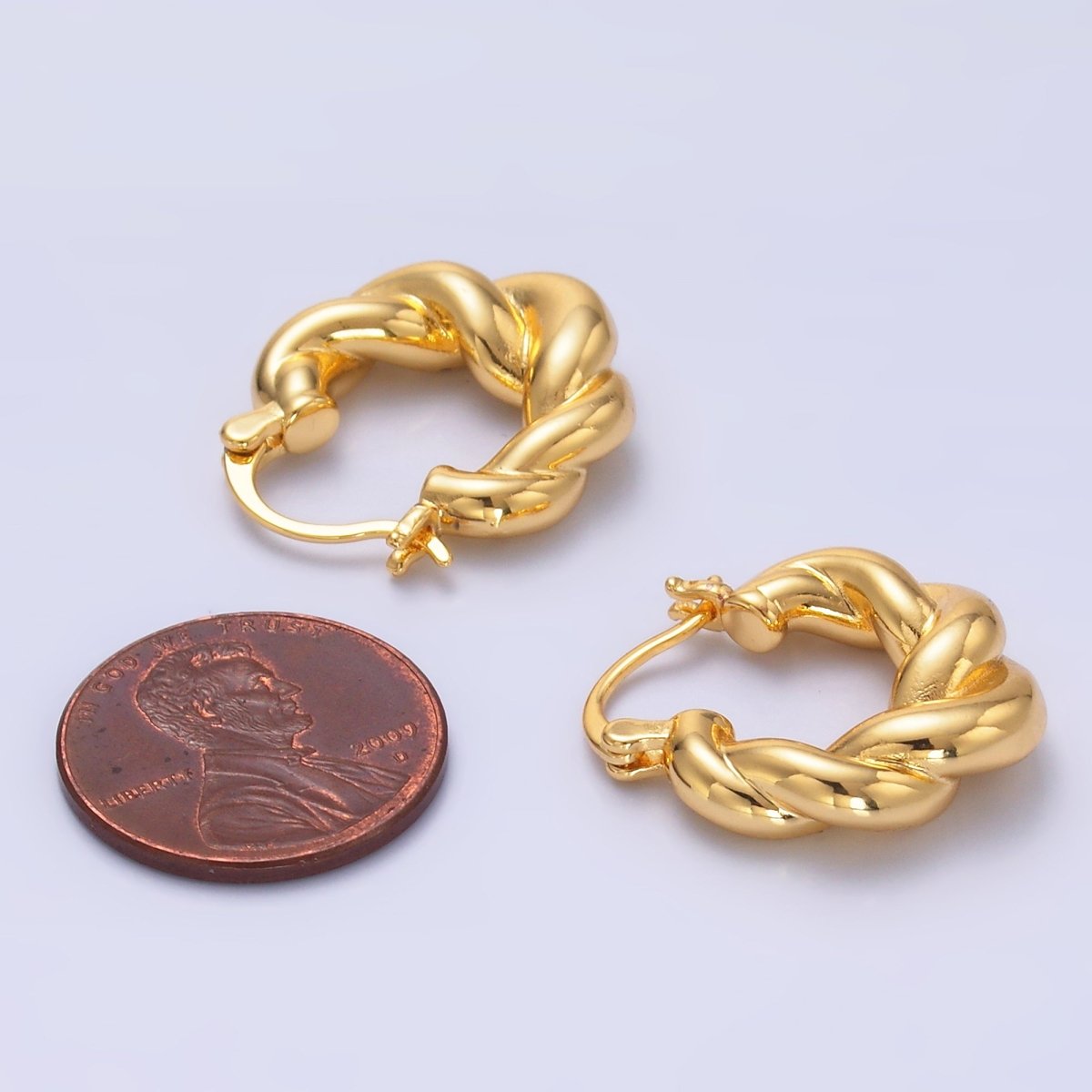 24K Gold Filled Chubby Twisted Croissant Latch Hoop Earrings | Q453 - DLUXCA