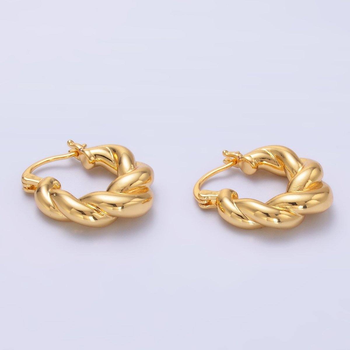 24K Gold Filled Chubby Twisted Croissant Latch Hoop Earrings | Q453 - DLUXCA