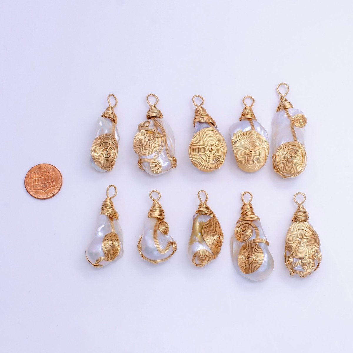 24K Gold Filled Circular Unique Wired Baroque Freshwater Pearl Pendant | P1854 T - DLUXCA