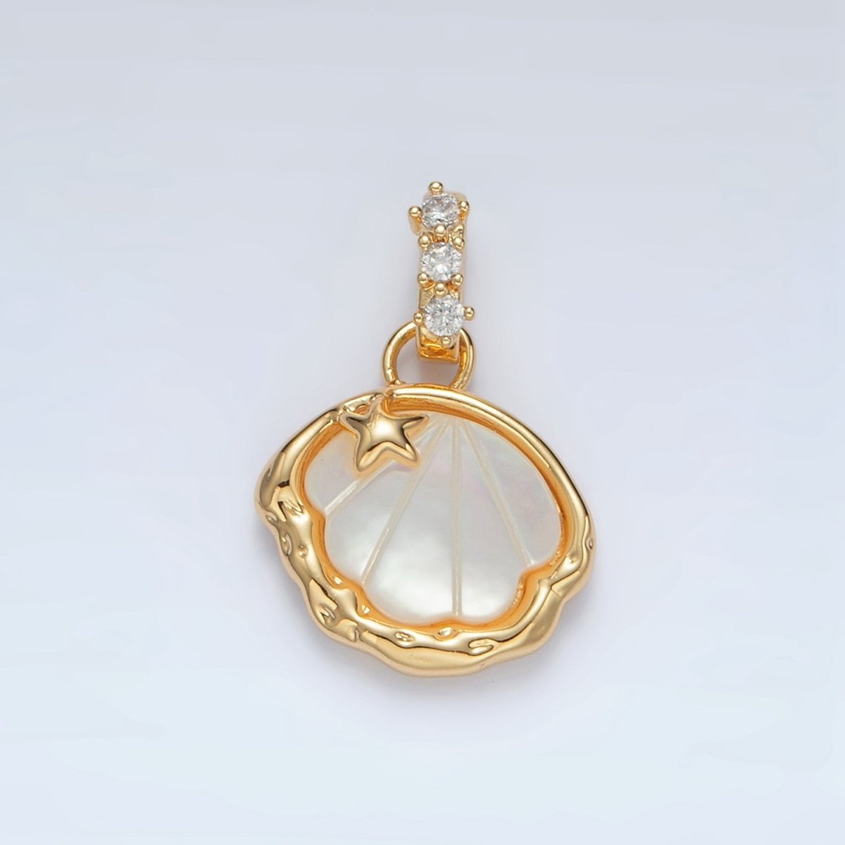 24K Gold Filled Clam Sea Shell Pearl Bezel Micro Paved CZ Pendant | AA1514 - DLUXCA