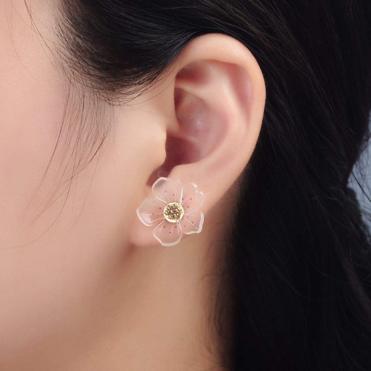 24K Gold Filled Clear Acrylic Pink Enamel Flower Stud Earrings | P100 - DLUXCA