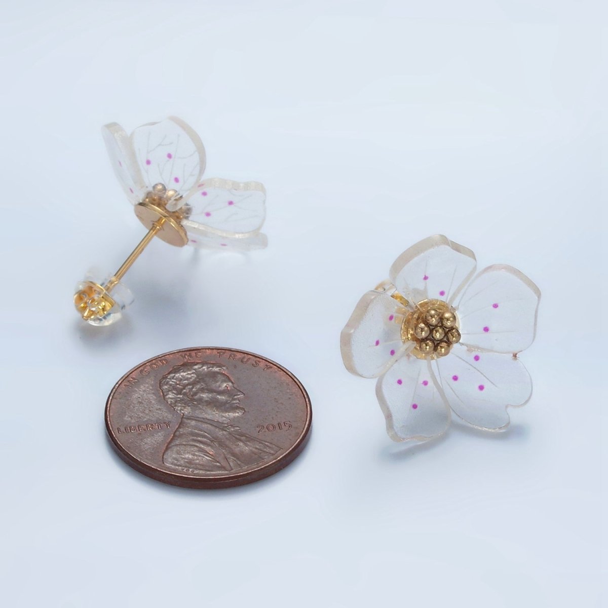 24K Gold Filled Clear Acrylic Pink Enamel Flower Stud Earrings | P100 - DLUXCA