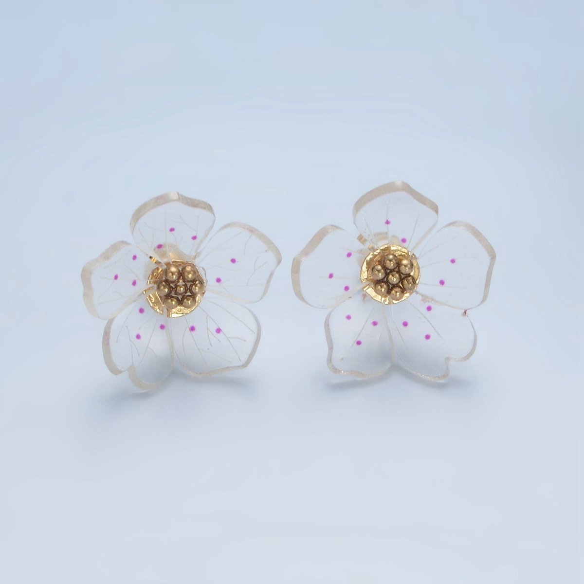 24K Gold Filled Clear Acrylic Pink Enamel Flower Stud Earrings | P100 - DLUXCA