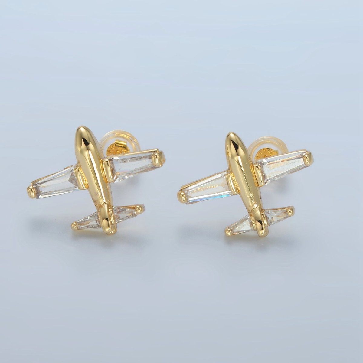 24K Gold Filled Clear Baguette Airplane Travel Stud Earrings | AD-763 ...