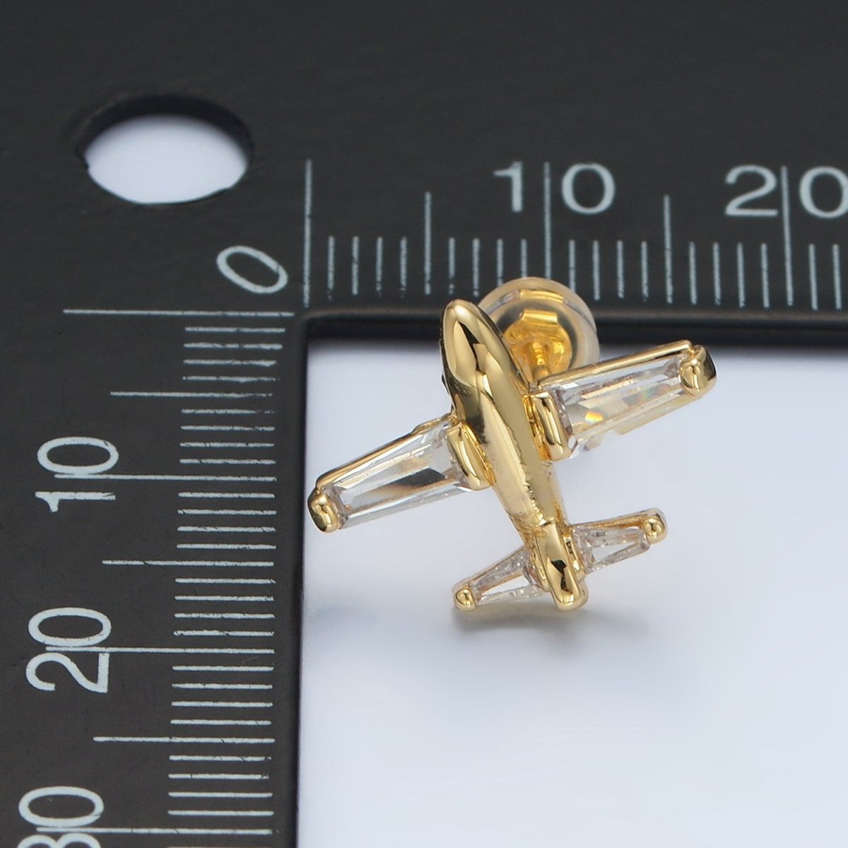 24K Gold Filled Clear Baguette Airplane Travel Stud Earrings | AD - 763 - DLUXCA