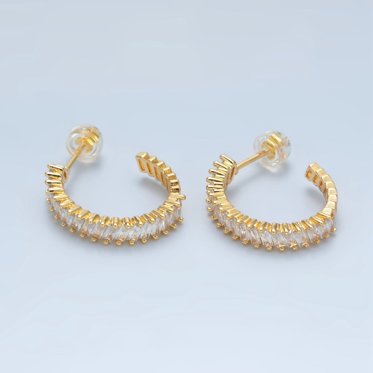 24k Gold Filled Clear Baguette Micro Paved C - Shaped Hoop Earrings | AD - 732 - DLUXCA