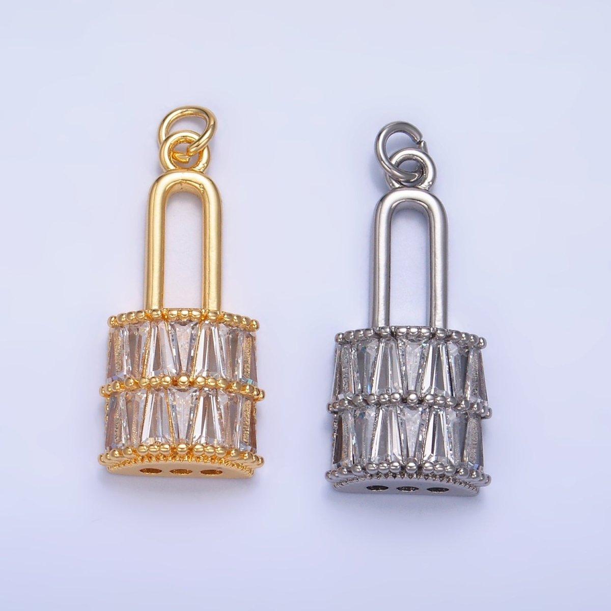 24K Gold Filled Clear Baguette Padlock Charm in Gold & Silver | W374 - DLUXCA