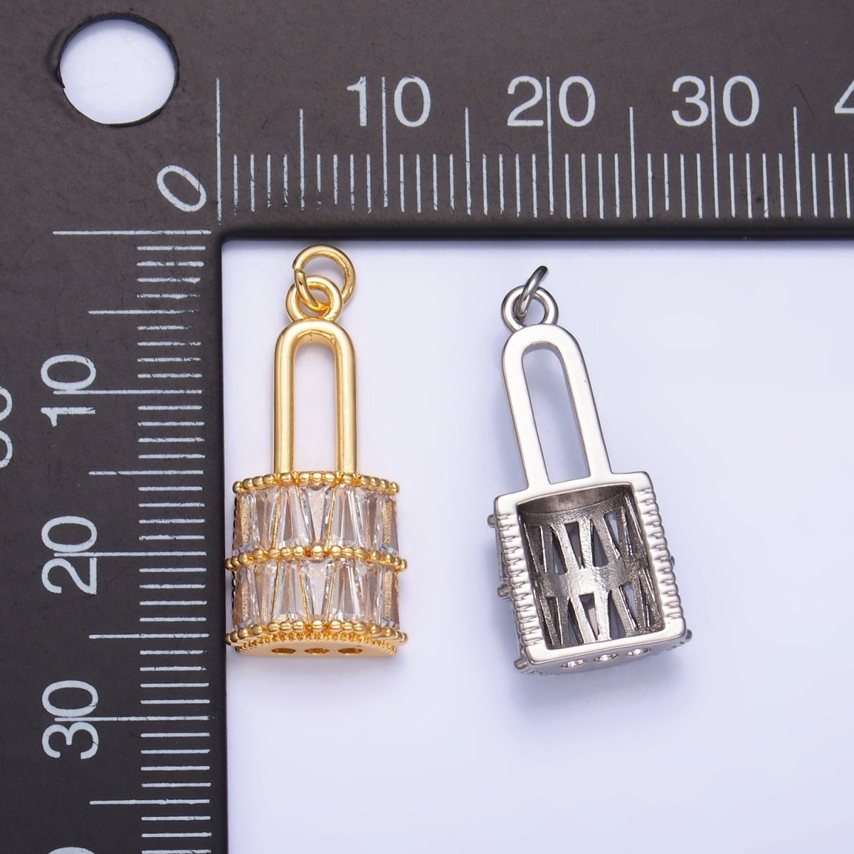 24K Gold Filled Clear Baguette Padlock Charm in Gold & Silver | W374 - DLUXCA