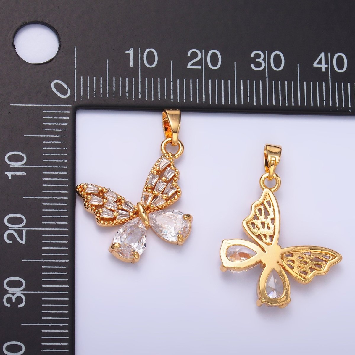 24K Gold Filled Clear Baguette Teardrop CZ Butterfly Mariposa Pendant | AA1434 - DLUXCA