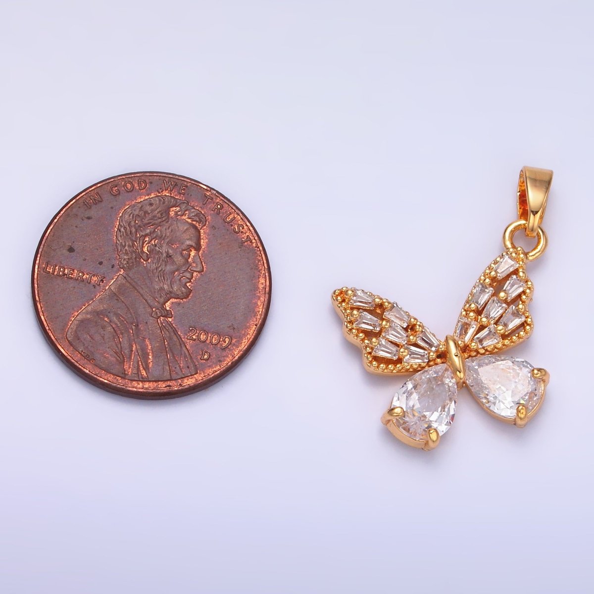 24K Gold Filled Clear Baguette Teardrop CZ Butterfly Mariposa Pendant | AA1434 - DLUXCA