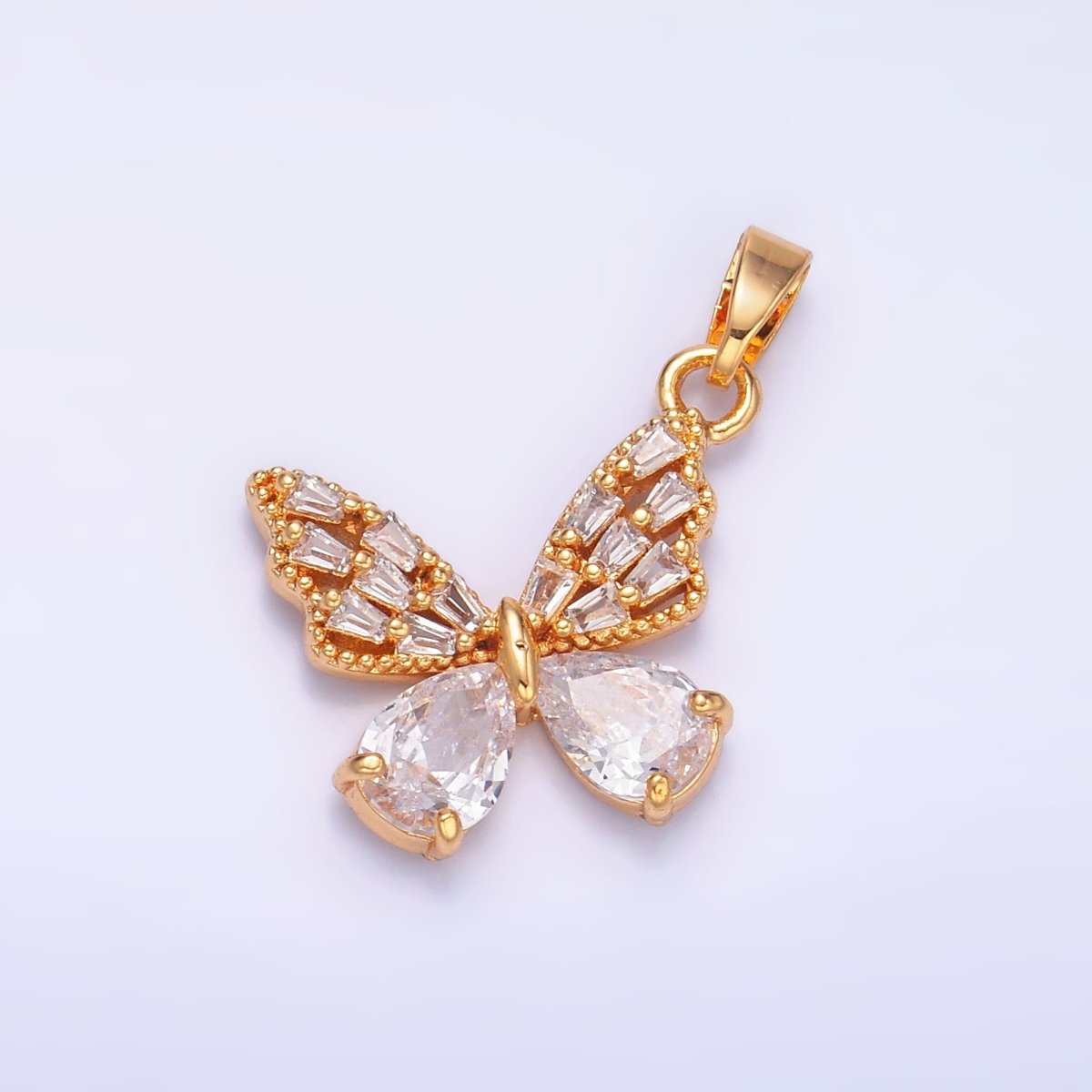 24K Gold Filled Clear Baguette Teardrop CZ Butterfly Mariposa Pendant | AA1434 - DLUXCA