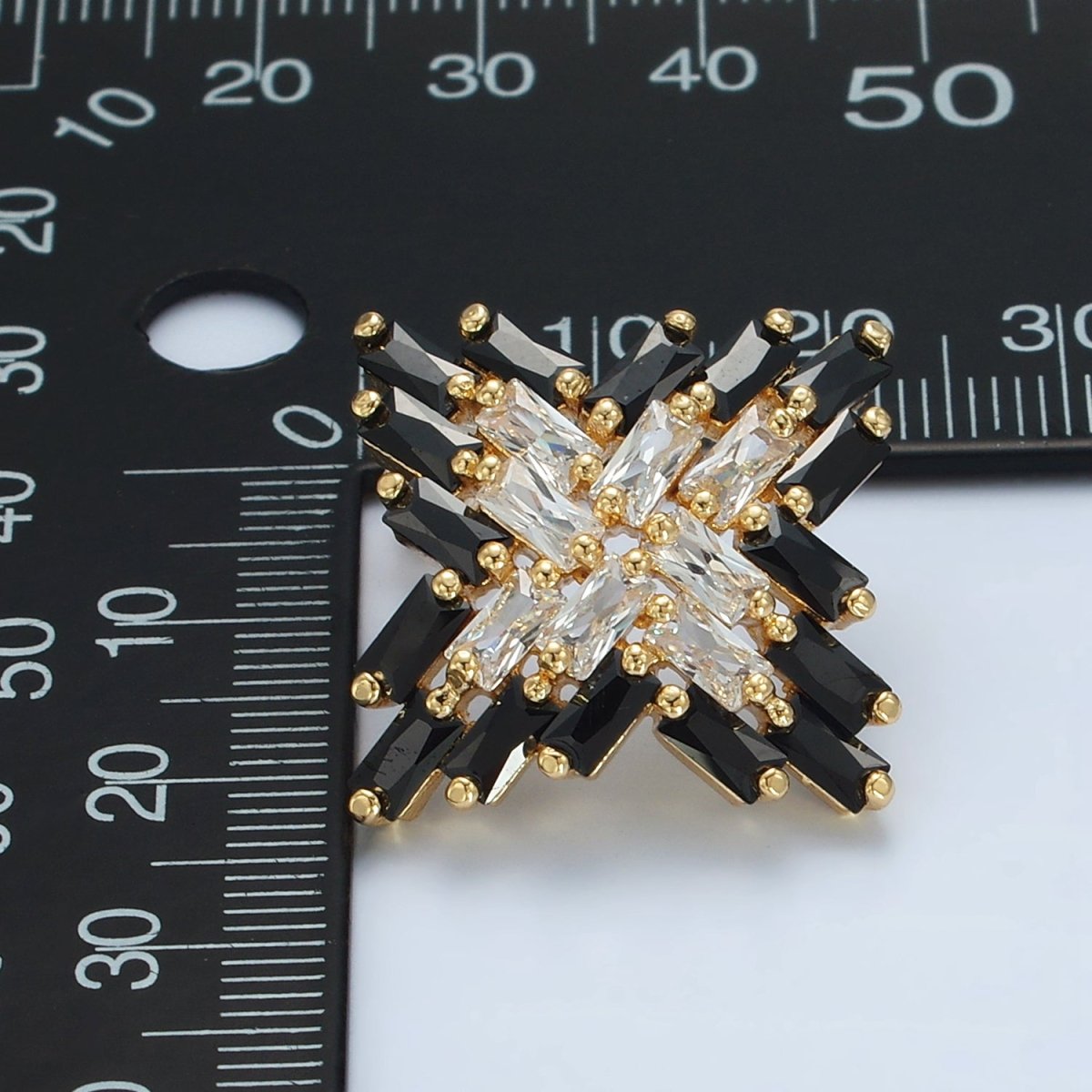 24K Gold Filled Clear Black Baguette CZ Celestial Star Stud Earrings | Q308 - DLUXCA