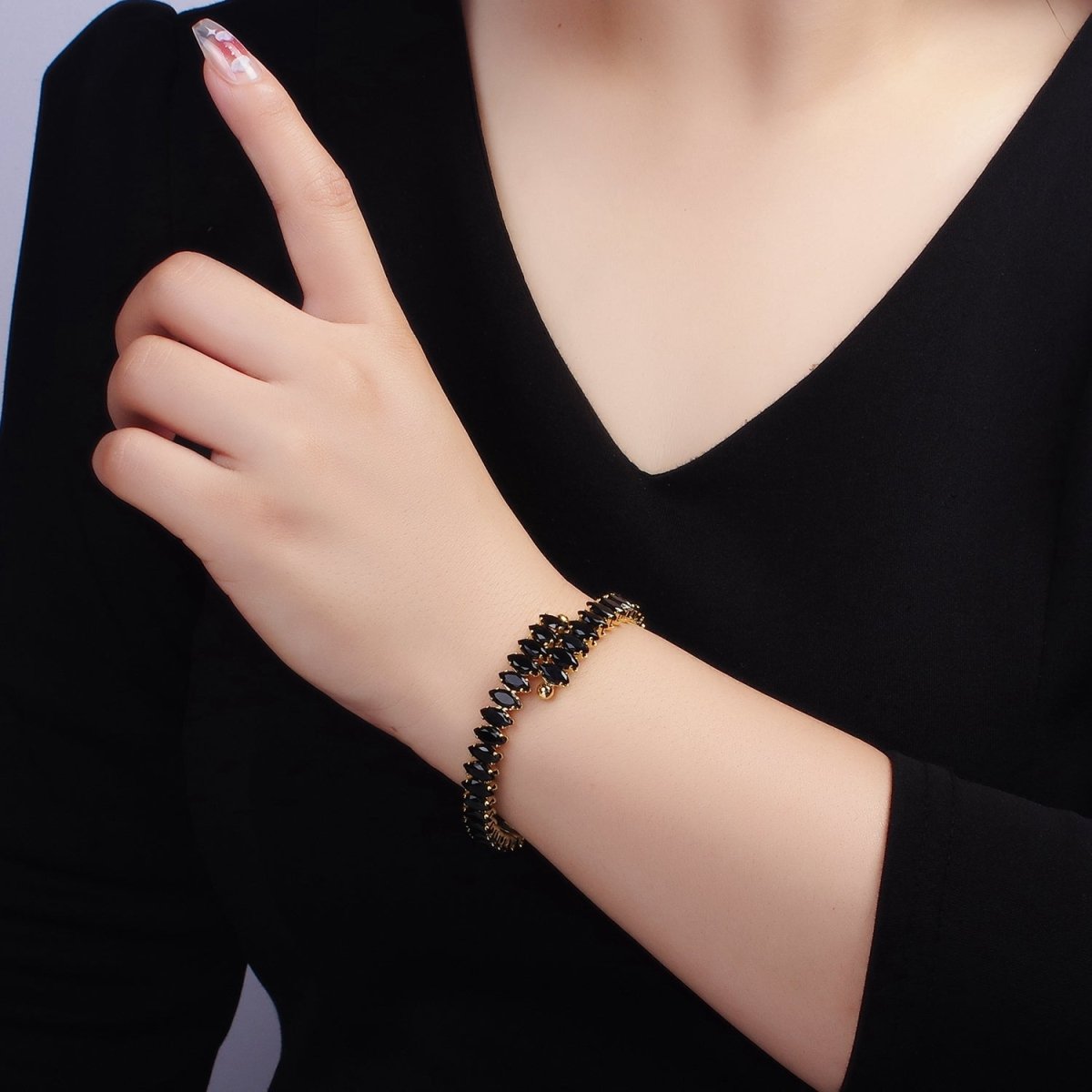 24K Gold Filled Clear, Black Marquise CZ Tennis Chain Bangle Cuff Bracelet | WA - 2537 WA - 2538 - DLUXCA