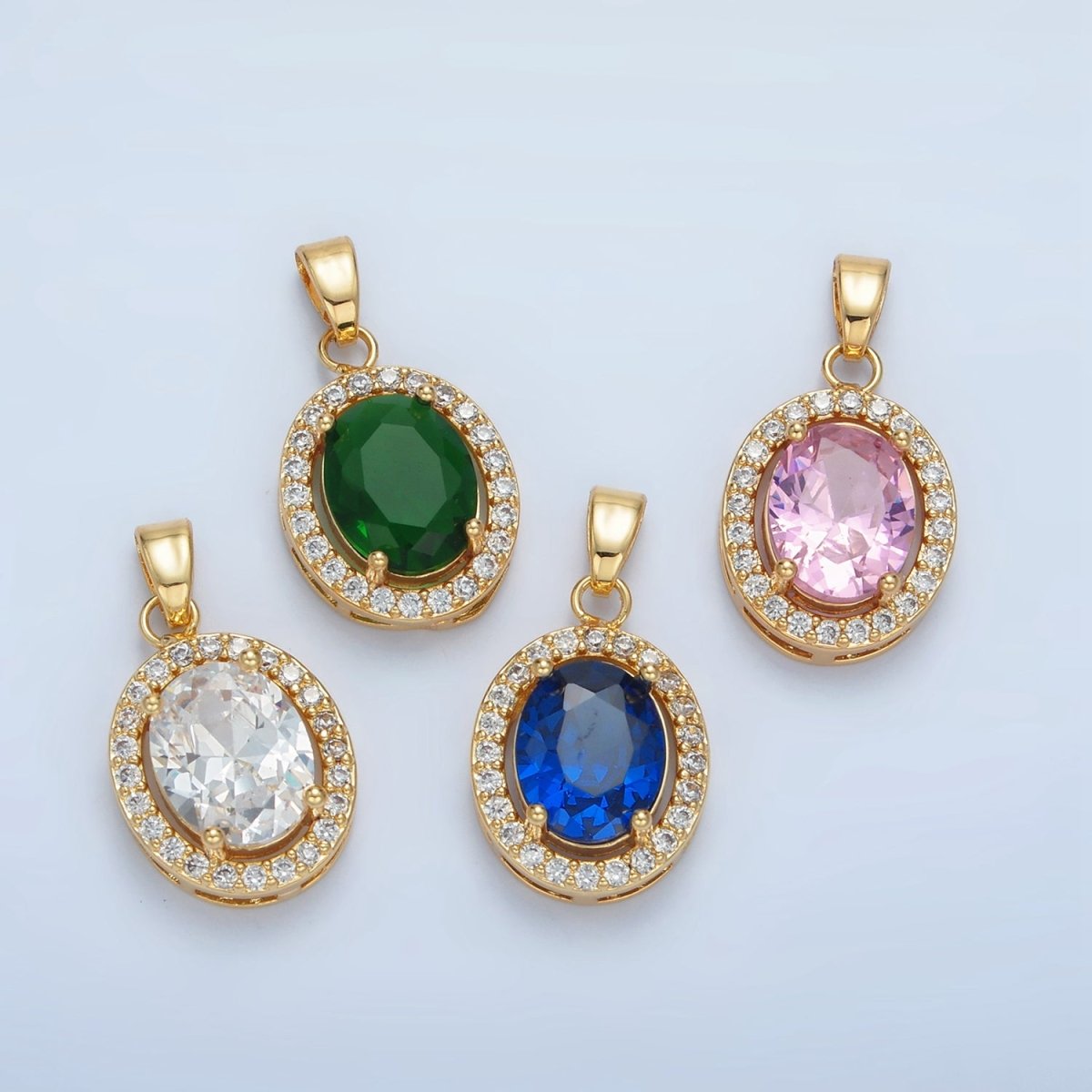 24K Gold Filled Clear, Blue, Green, Pink CZ Micro Paved Oval Pendant | AA880 AA881 - DLUXCA