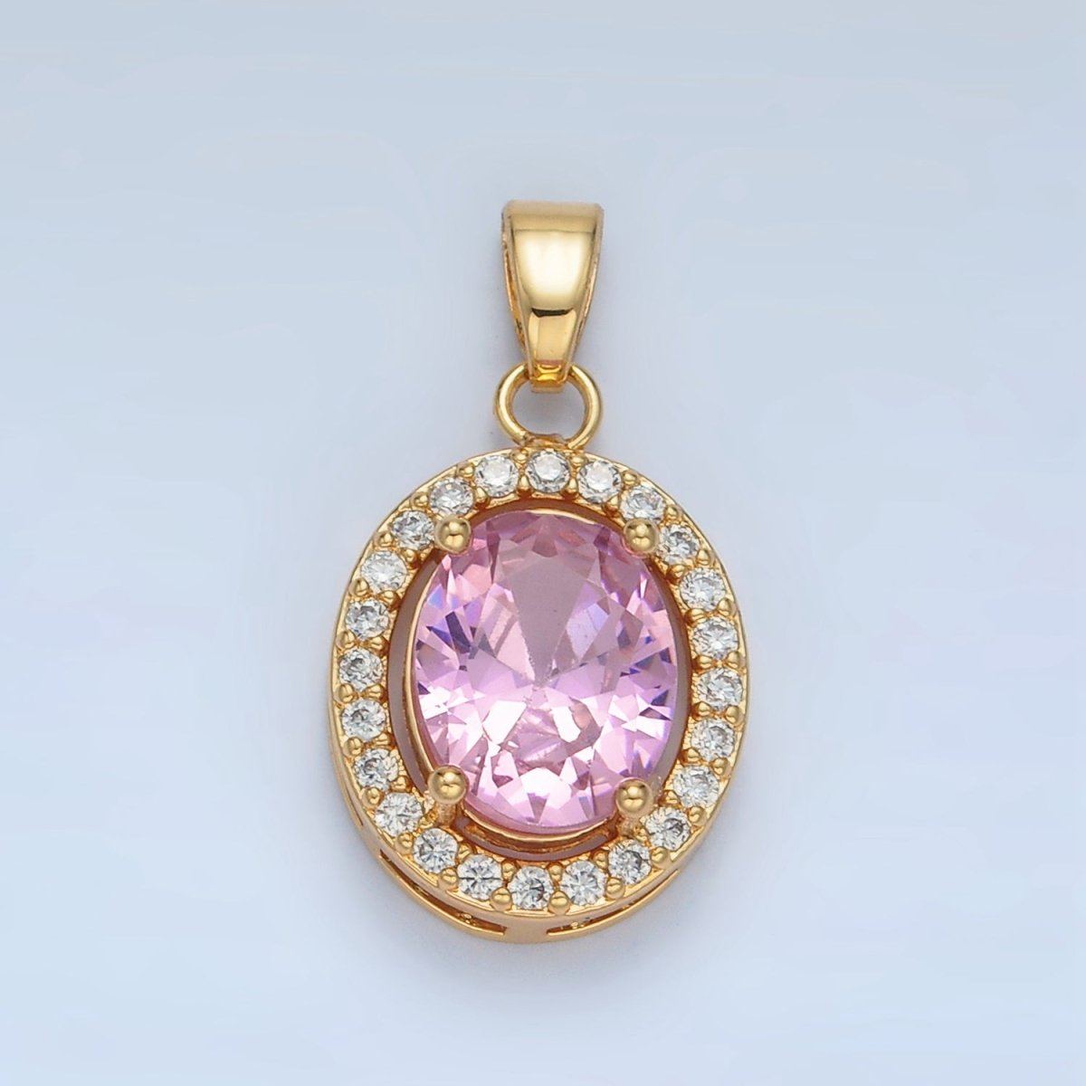 24K Gold Filled Clear, Blue, Green, Pink CZ Micro Paved Oval Pendant | AA880 AA881 - DLUXCA