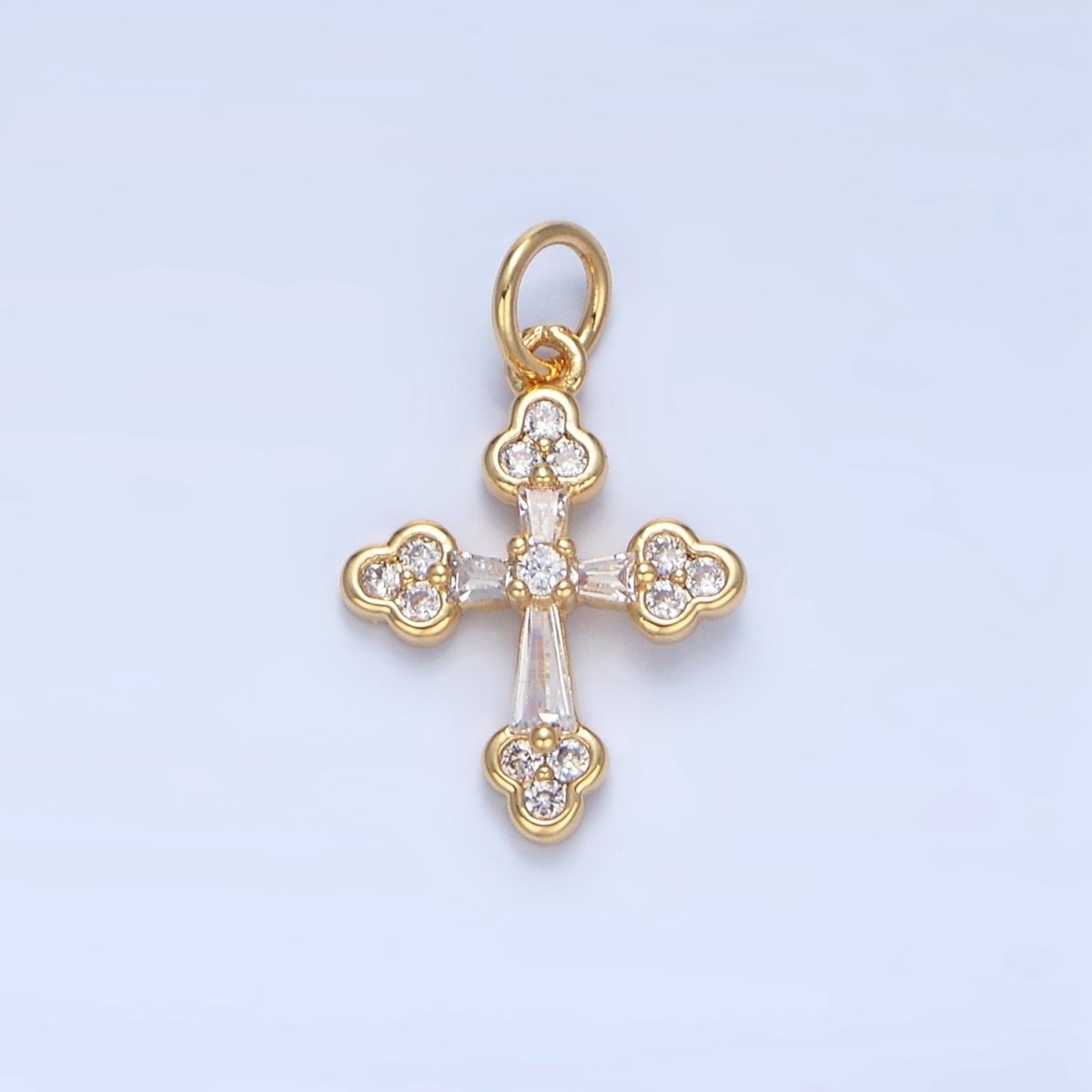 24K Gold Filled Clear CZ Baguette Buttony Cross Charm | X869 - DLUXCA