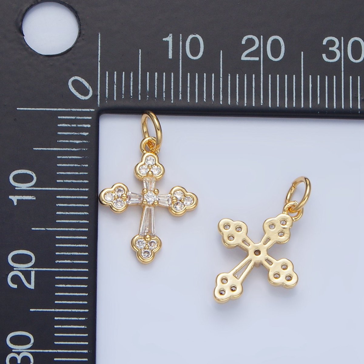 24K Gold Filled Clear CZ Baguette Buttony Cross Charm | X869 - DLUXCA