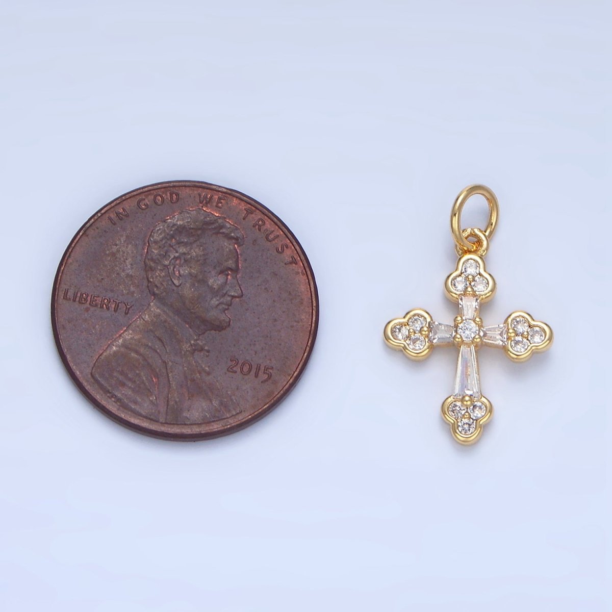 24K Gold Filled Clear CZ Baguette Buttony Cross Charm | X869 - DLUXCA