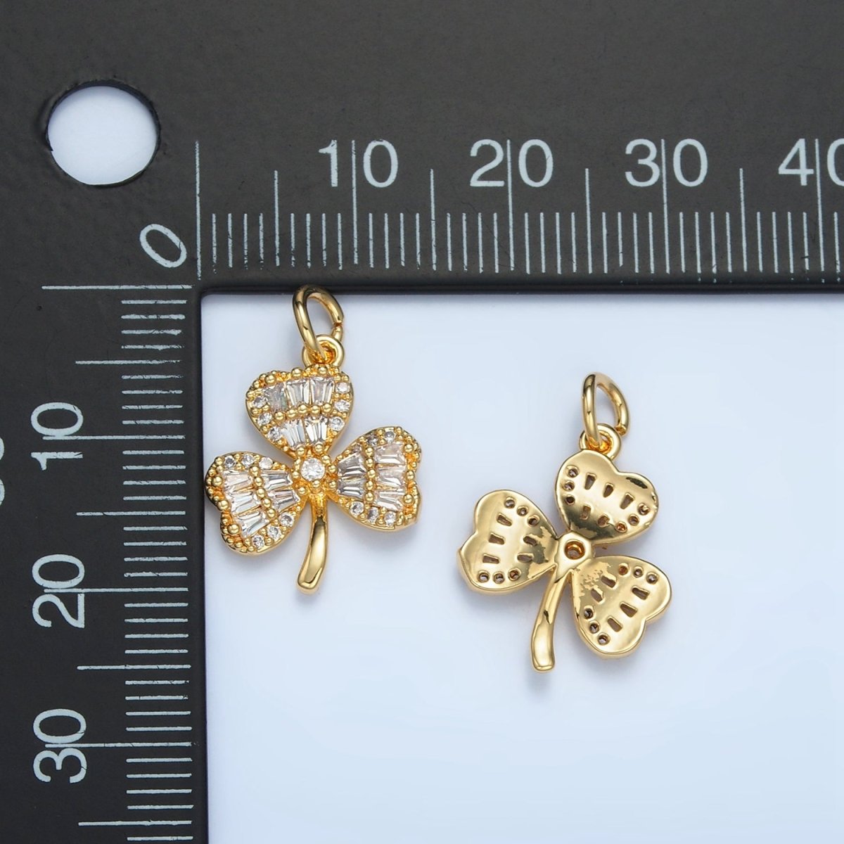 24K Gold Filled Clear CZ Baguette Clover Plant Charm | W121 - DLUXCA