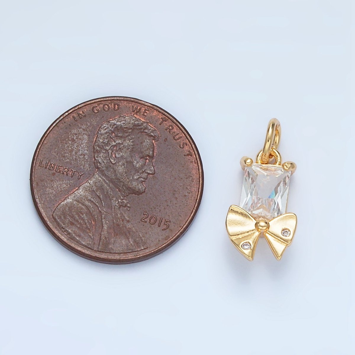 24K Gold Filled Clear CZ Baguette Dotted Ribbon Bow Charm | X282 - DLUXCA