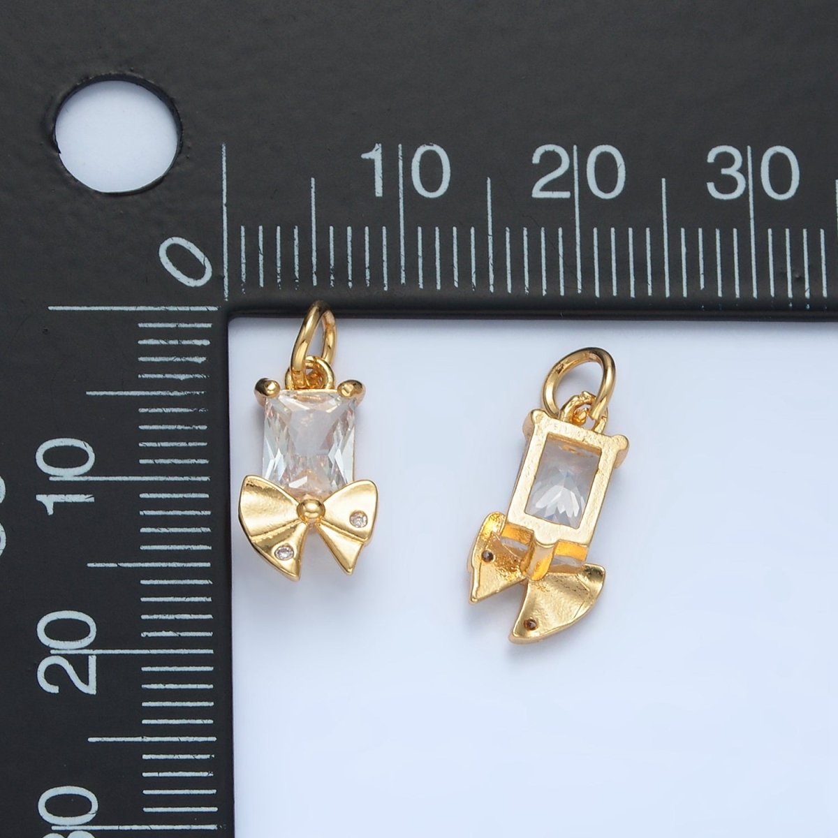 24K Gold Filled Clear CZ Baguette Dotted Ribbon Bow Charm | X282 - DLUXCA