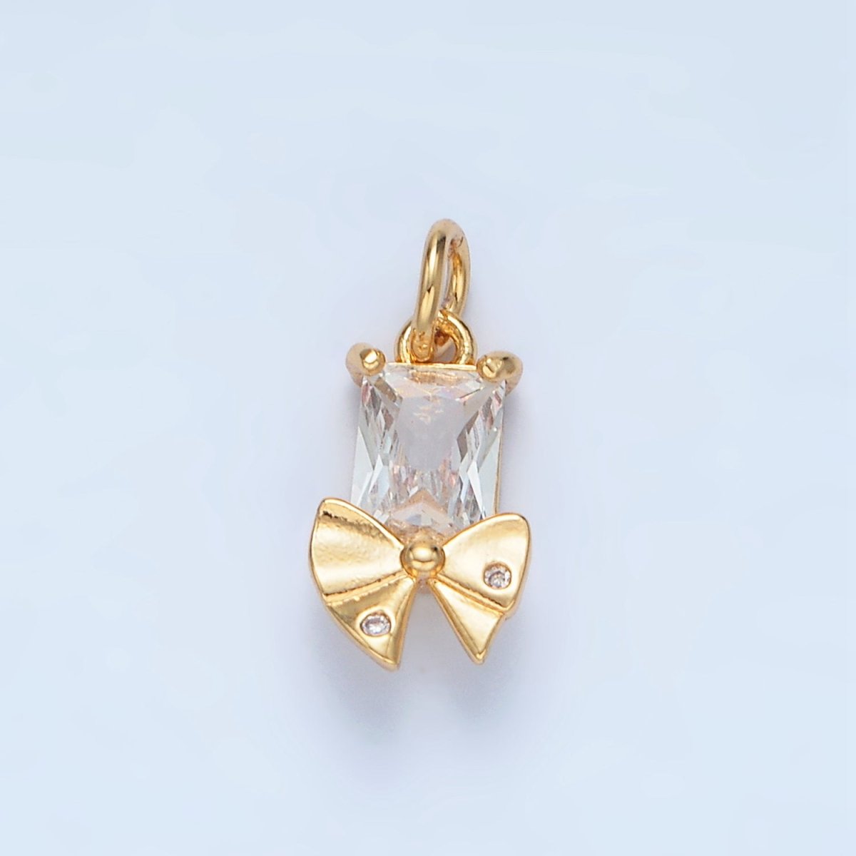 24K Gold Filled Clear CZ Baguette Dotted Ribbon Bow Charm | X282 - DLUXCA