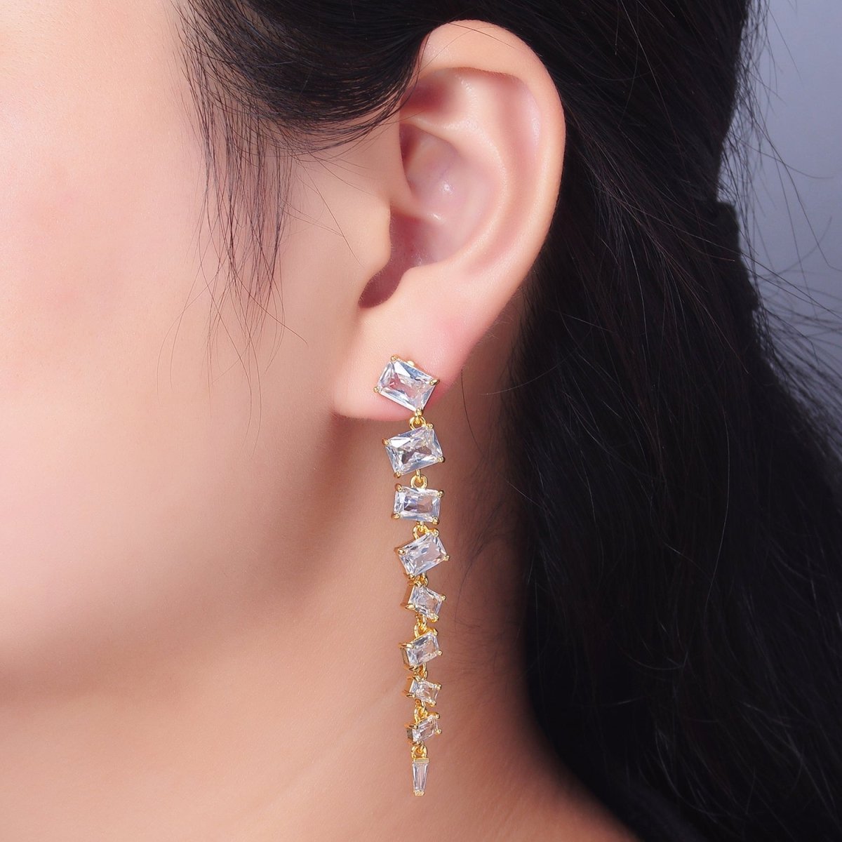 24K Gold Filled Clear CZ Baguette Drop Stud Earrings | V135 - DLUXCA