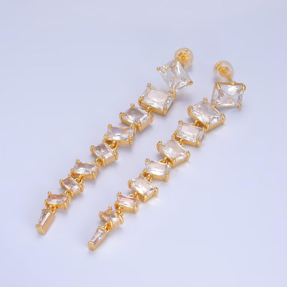 24K Gold Filled Clear CZ Baguette Drop Stud Earrings | V135 - DLUXCA