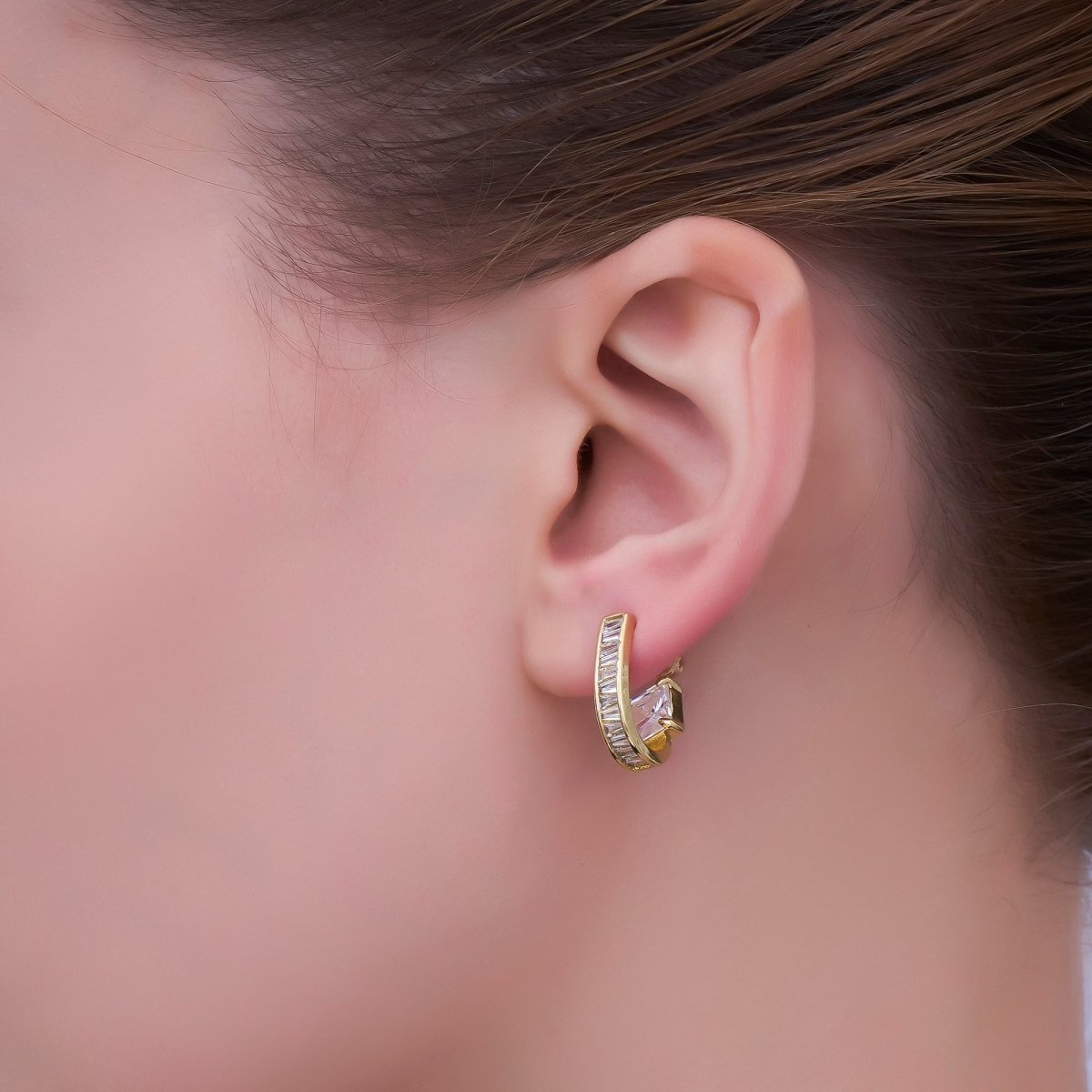 24K Gold Filled Clear CZ Baguette J - Shaped Hoop Earrings | AB713 - DLUXCA