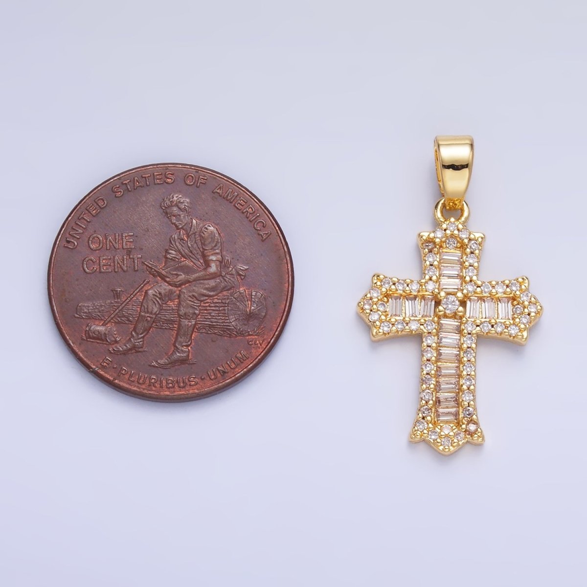 24K Gold Filled Clear CZ Baguette Micro Paved Passion Religious Cross Pendant | AA1329 - DLUXCA